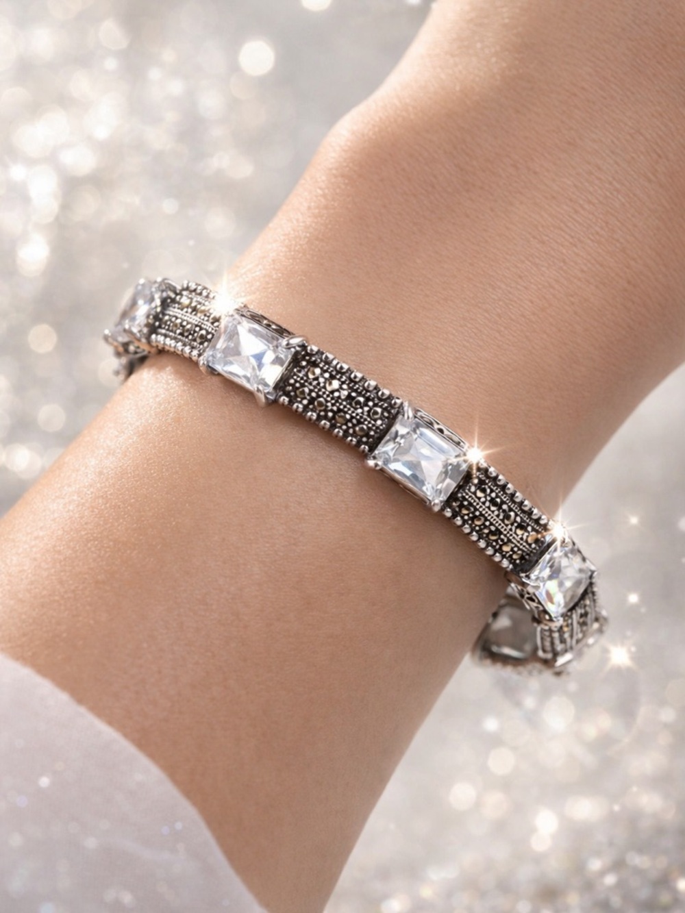 Beautiful Vintage Solid Sterling Silver Marcasite CZ Link Bracelet - 925 Silver